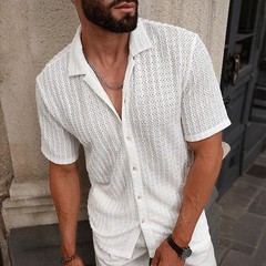 Mens Solid Turn Down Collar Short Sleeve Shirts Tops Summer Beach Holiday Blouse