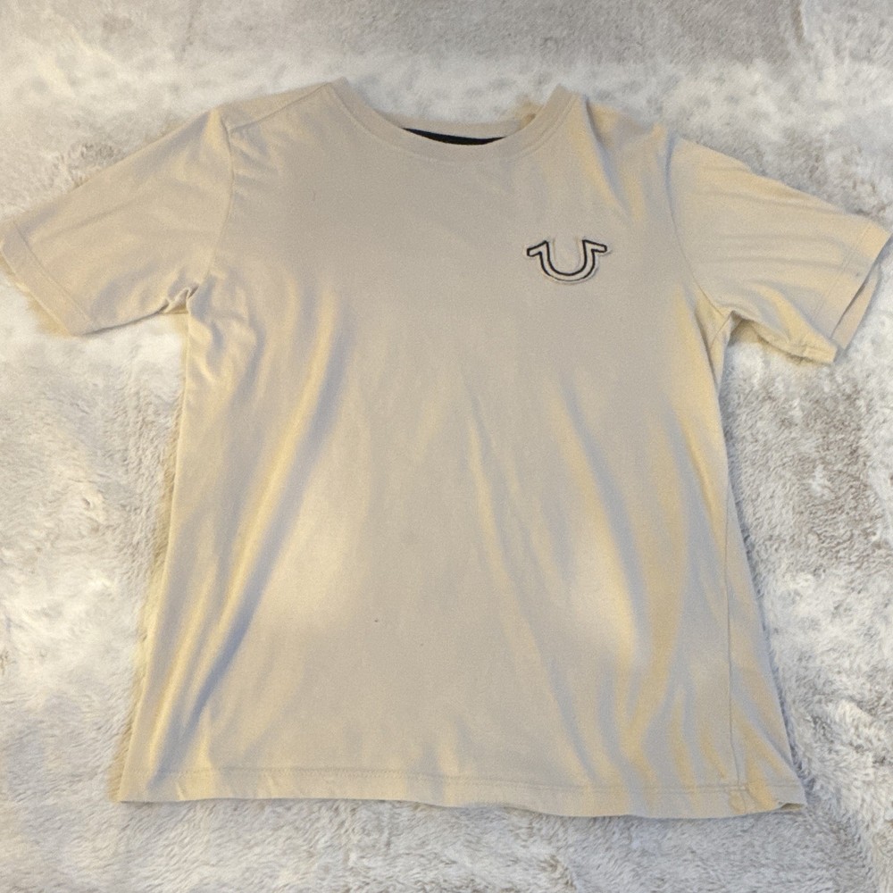 True Religion Beige Solid Logo Crew Neck Short Sleeve Cotton T-Shirt Boys