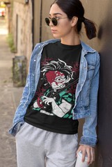 Anime Demon Slayer Tanjiro Cursed Graphic Black T-Shirt All Size