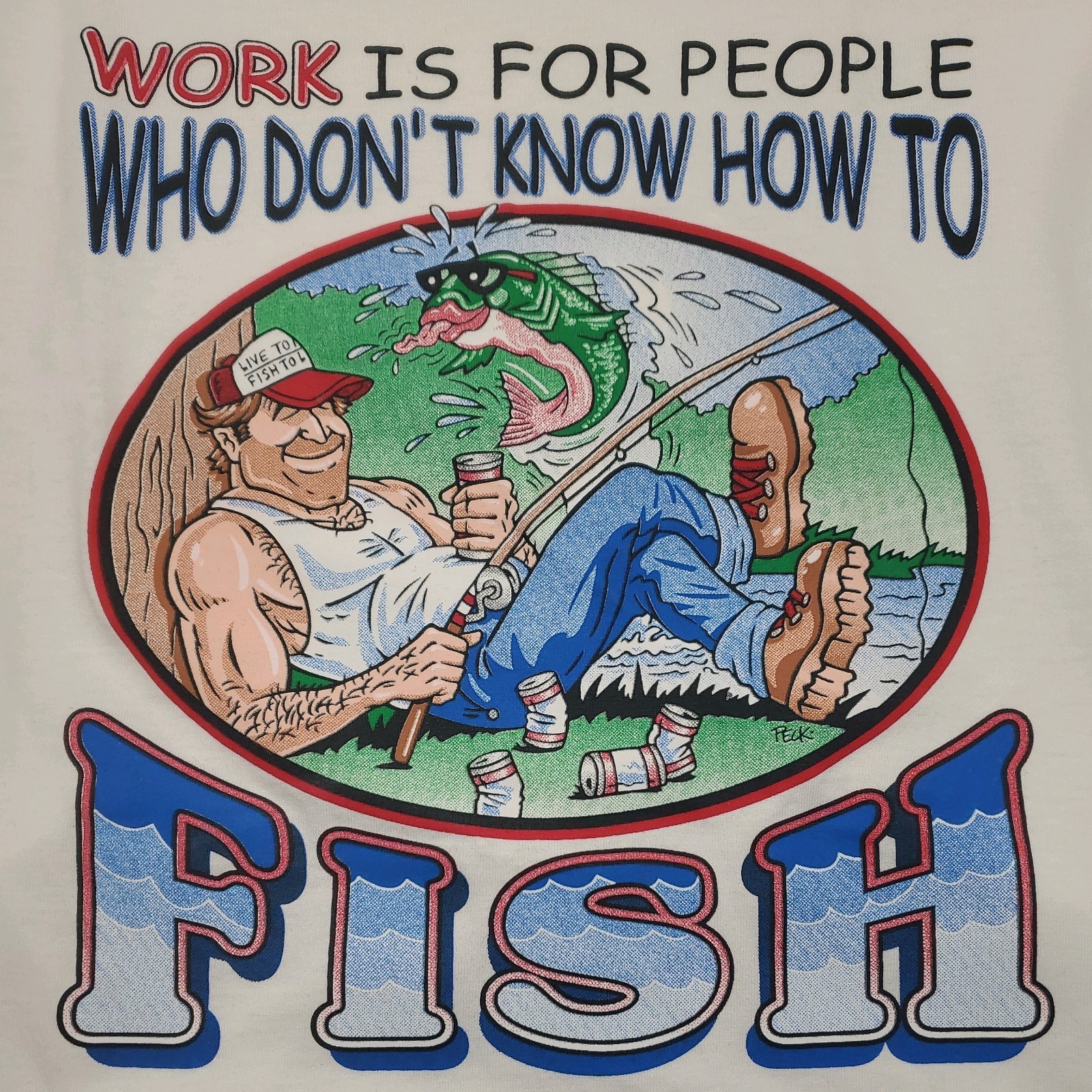 Vintage "Work is for People who don't know how to Fish" White T-Shirt Size L gallery