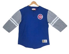 Mitchell Ness Chicago Cubs Henley Shirt Mens XL Blue Grey 3/4 Sleeve AJ18005