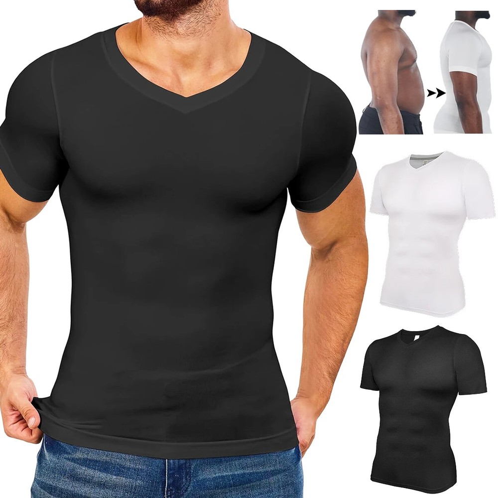 Men’s Compression Shirts V-Neck Workout Abs Abdomen Tummy Control Body Shaper