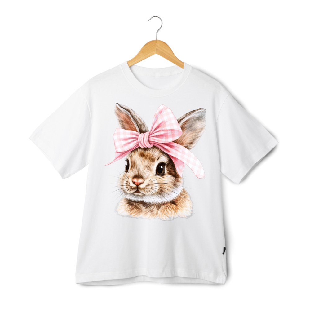 Adorable Bunny with Pink Bow T-Shirt, Sweet Easter Casual Tee for Men & Women gallery