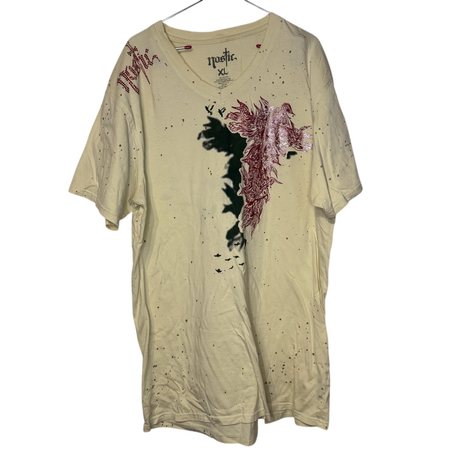 Nostic Men’s T-Shirt Paint Splatter Beaded V-Neck Short Sleeve Cotton Beige XL