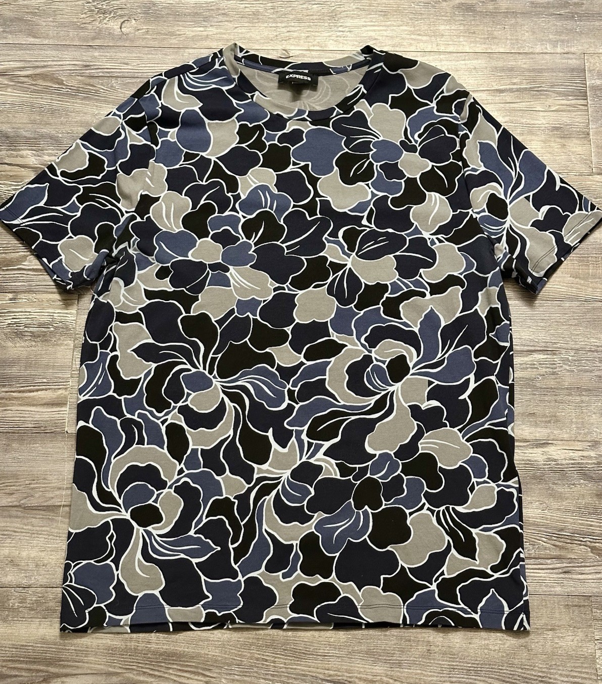 Express Mens Floral Print T-Shirt Black Blue Gray Crew Neck Short Sleeve Size L