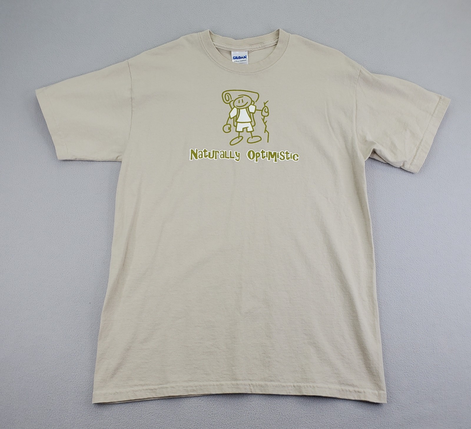 Naturally Optimistic Shirt Mens M Tan Hiking Camping Graphic Gildan Ultra EUC gallery