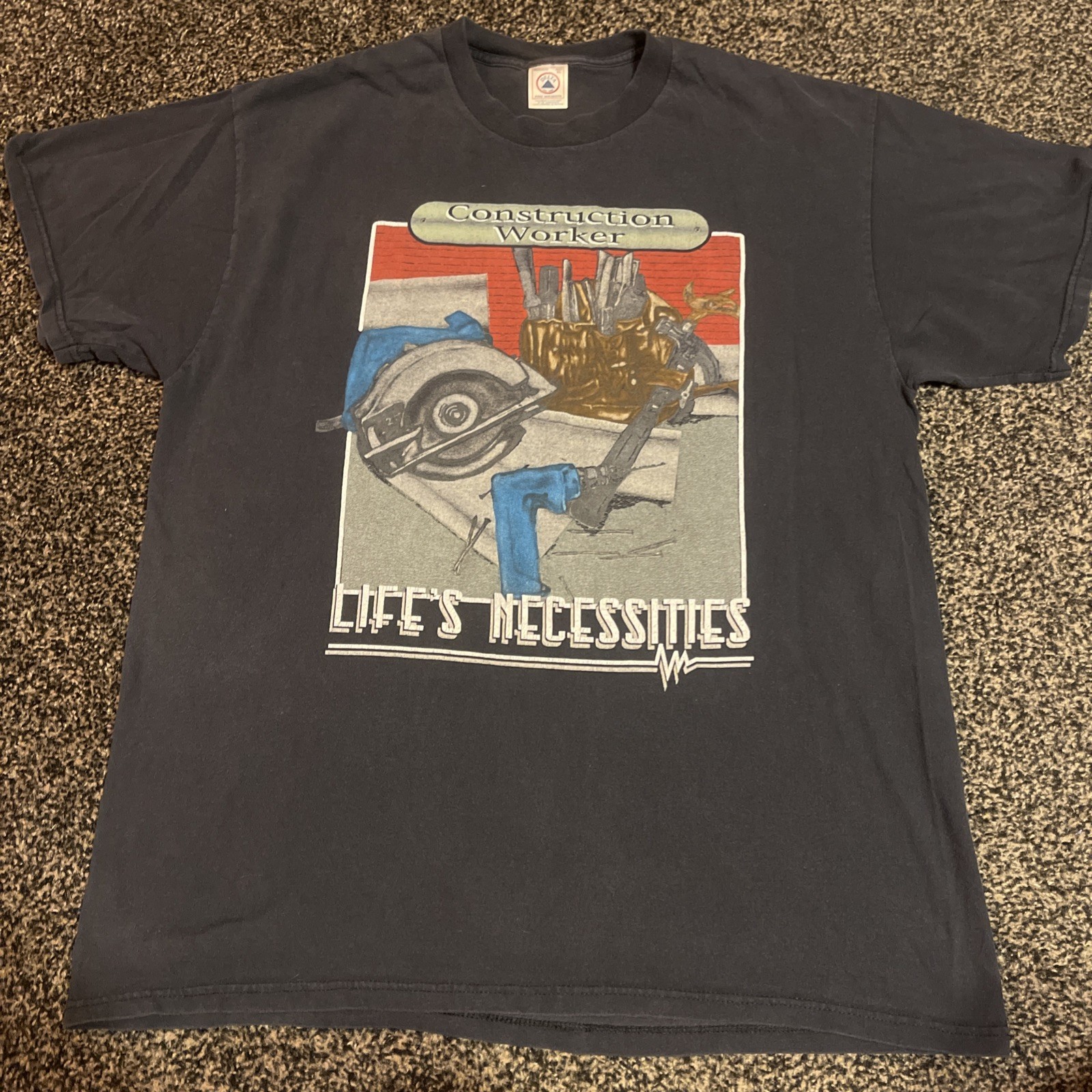 VTG Construction Worker T-Shirt Men's XL Y2K Life's Necessities Tee Black gallery