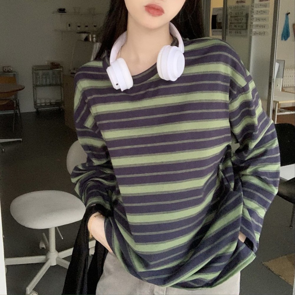 Korean Fashion Women's Loose Striped Blouse Long Sleeve Crew Neck Streetwear gallery