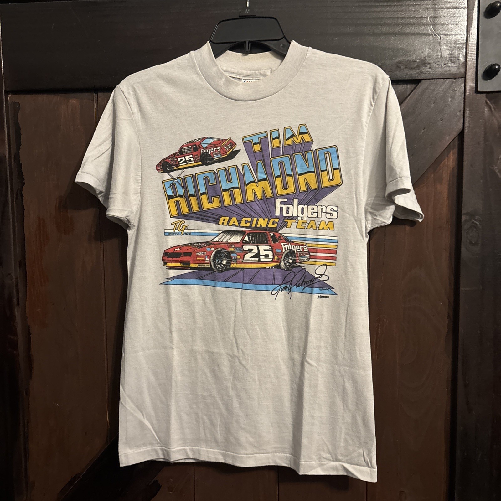 VTG 80s Tim Richmond #25 Folgers Racing NASCAR Shirt Medium Cal Cru