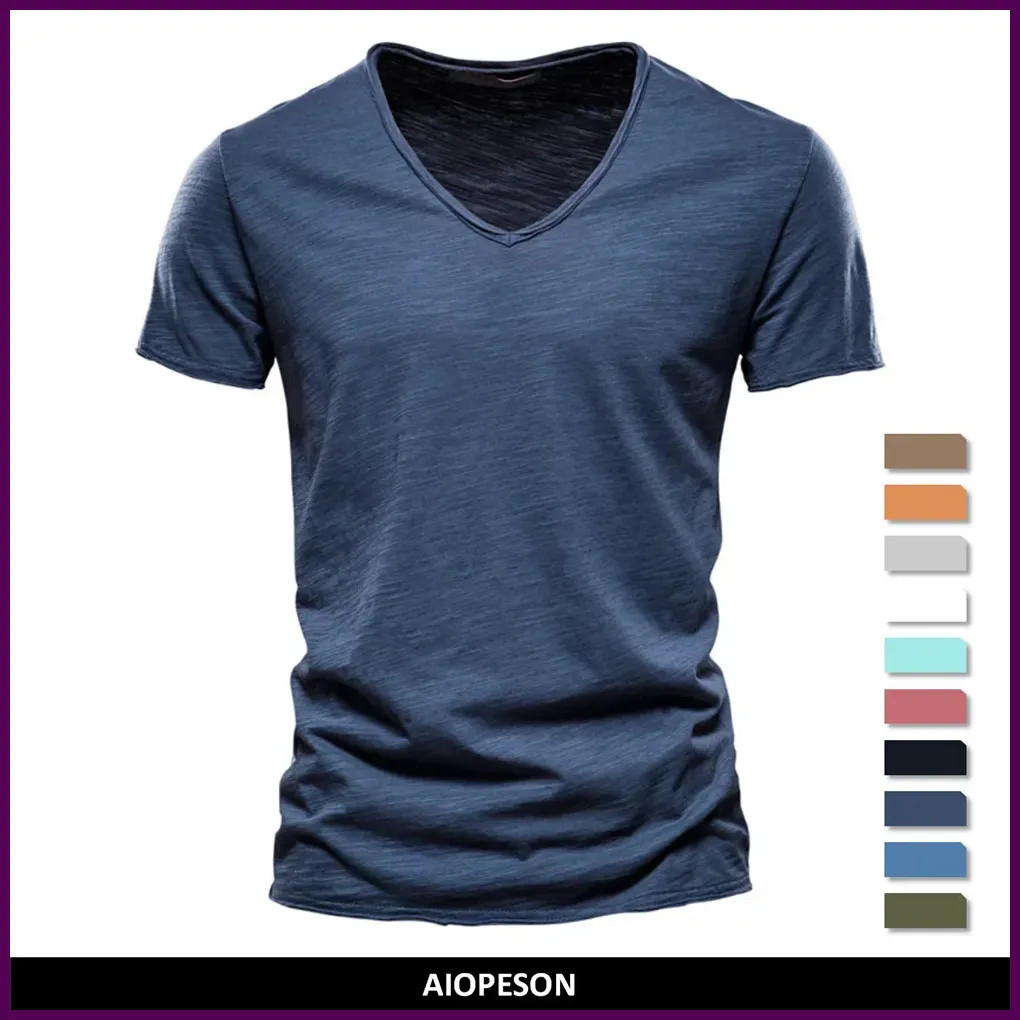 Aiopeson 100% Cotton Men T-shirt V-neck Fashion Design Slim Fit Soild T-shirts