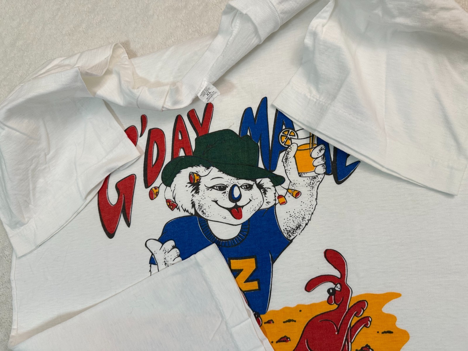 Vintage 1980s 90s G'Day Mate Koala Kangaroo Cartoon Made In Australia T-Shirt, L gallery