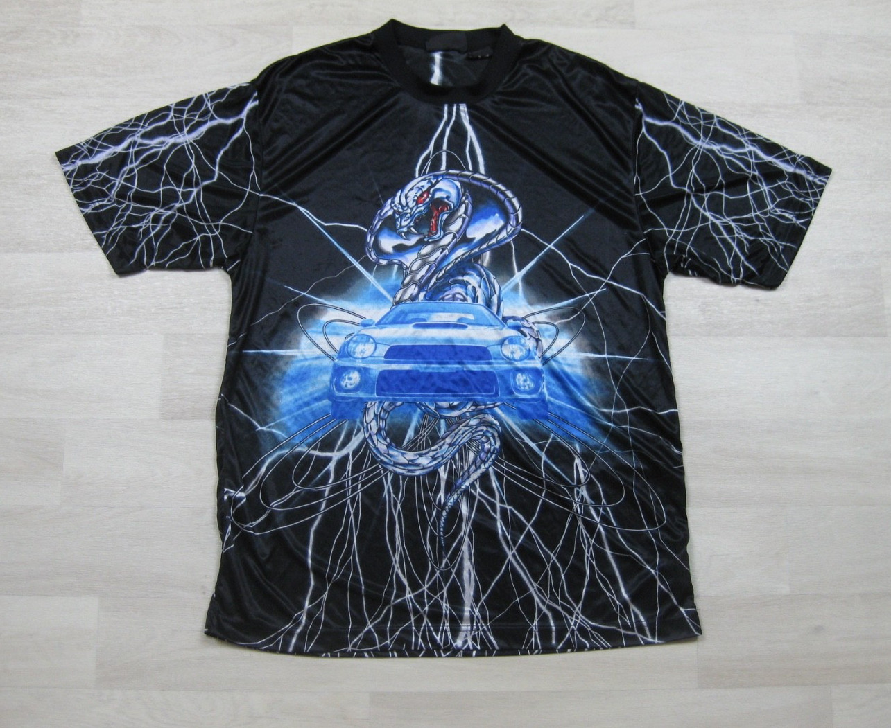 Vintage Y2K No Boundaries AOP Sheer Satin T Shirt Men's (L) Car Cobra Lightening gallery