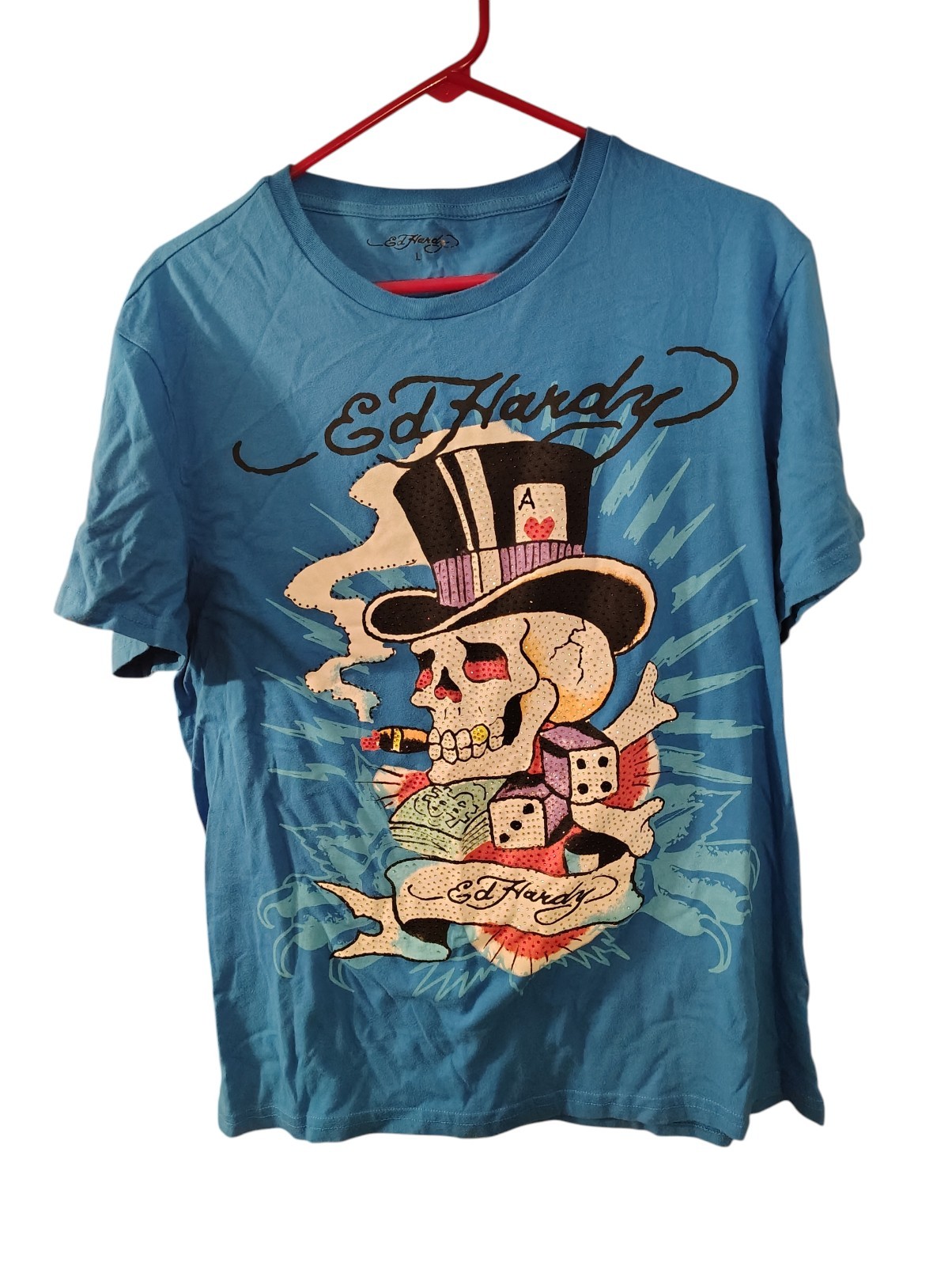 Ed Hardy Men Size L Short Sleeve Shirt Capri Blue Skull Dice Rhinestone 2 Sided