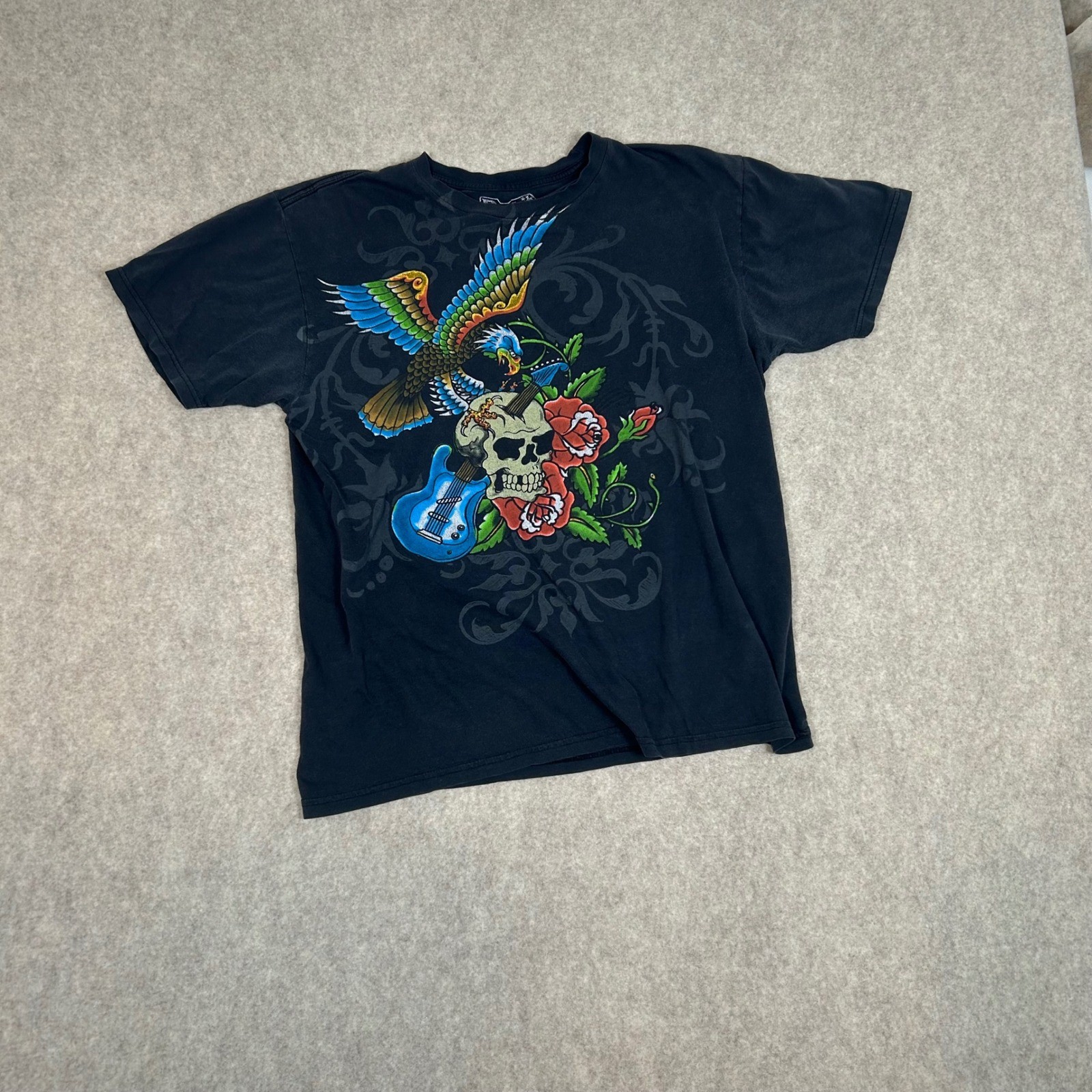 Rock Rebel Graphic T-Shirt Mens Large Black Eagle Skull Guitar Tattoo Art
