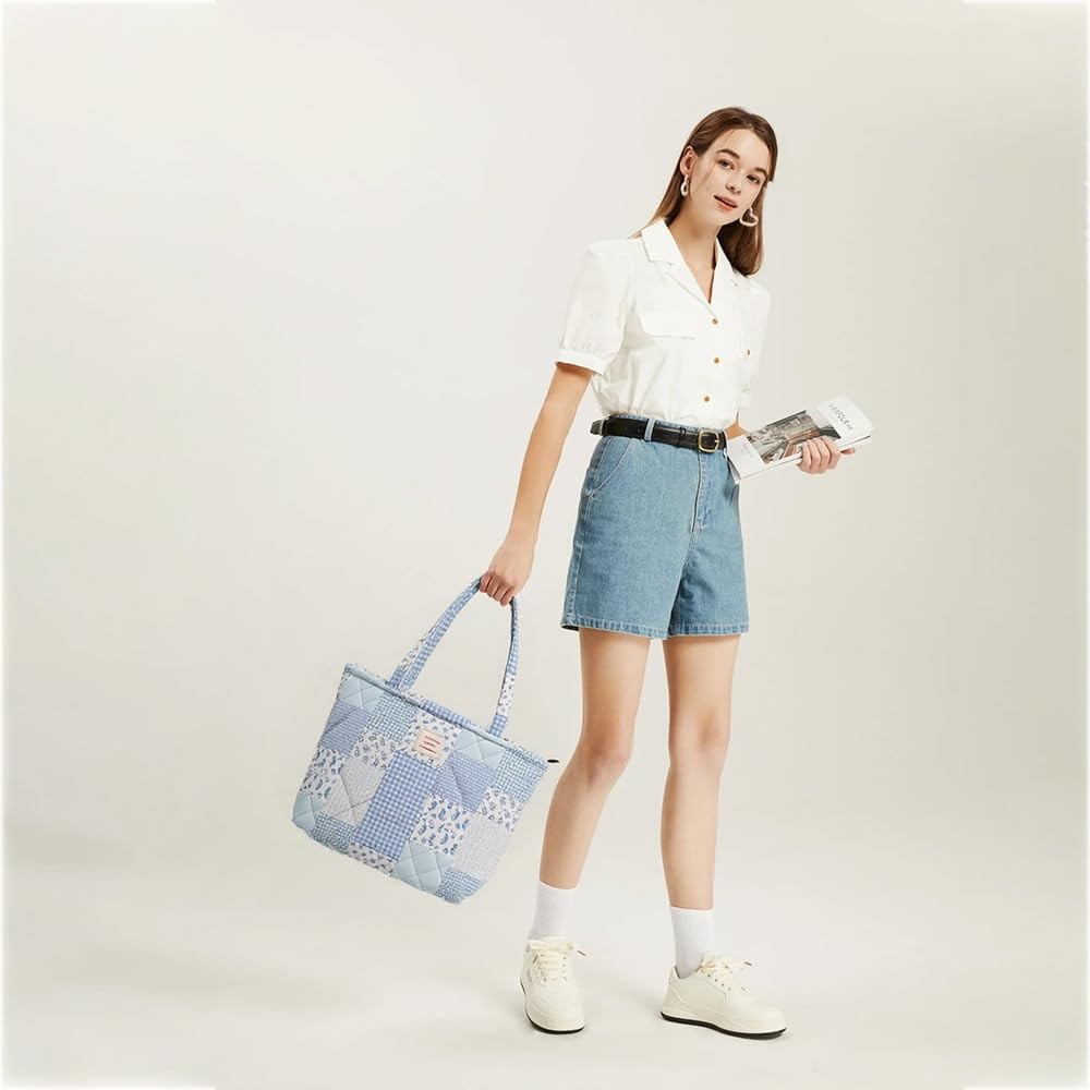 Floral Quilted Tote Bag with Zipper Lightweight Reusable for Women Cotton Sho... gallery