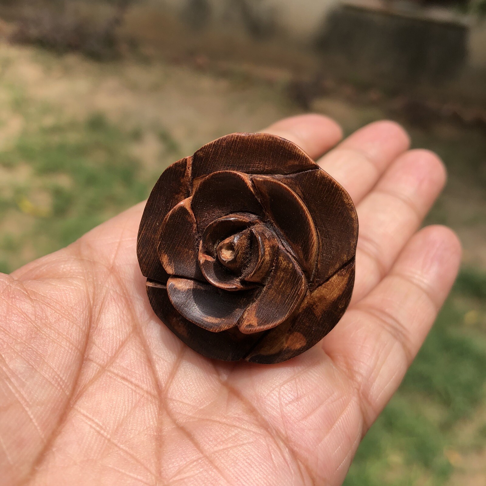 Kadamb Wood Rose Flower Carved Handmade Ring, 35 mm dia, US 9 Ring Size, D5