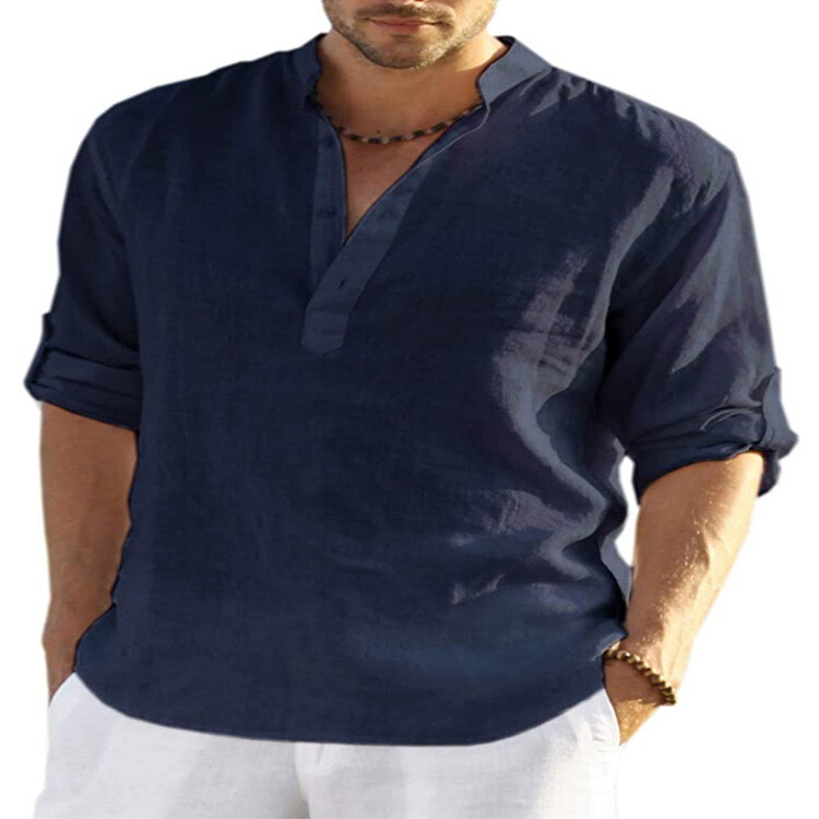 Mens Cotton Linen Long Sleeve Shirt Solid Loose Blouse Button Down Tops T Shirt gallery