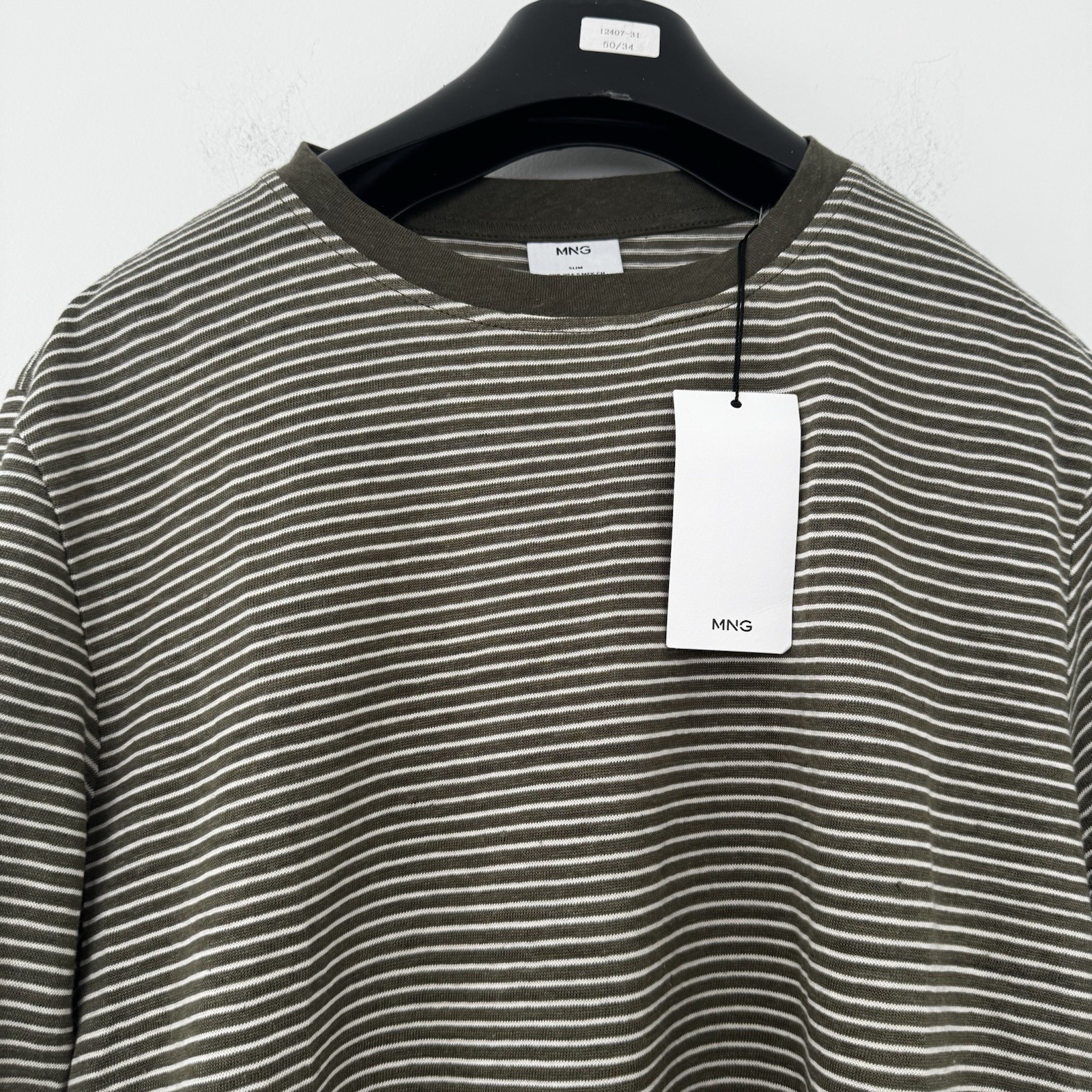 NWT Mango MNG Linen Cotton T-shirt Small Slim Fit Striped Olive Green White Tee gallery