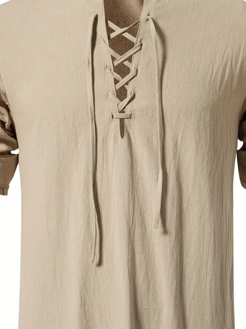 Men's Casual Long Sleeve Henry Shirt Lace-Up Stand-Up Collar Cotton Linen Blouse gallery