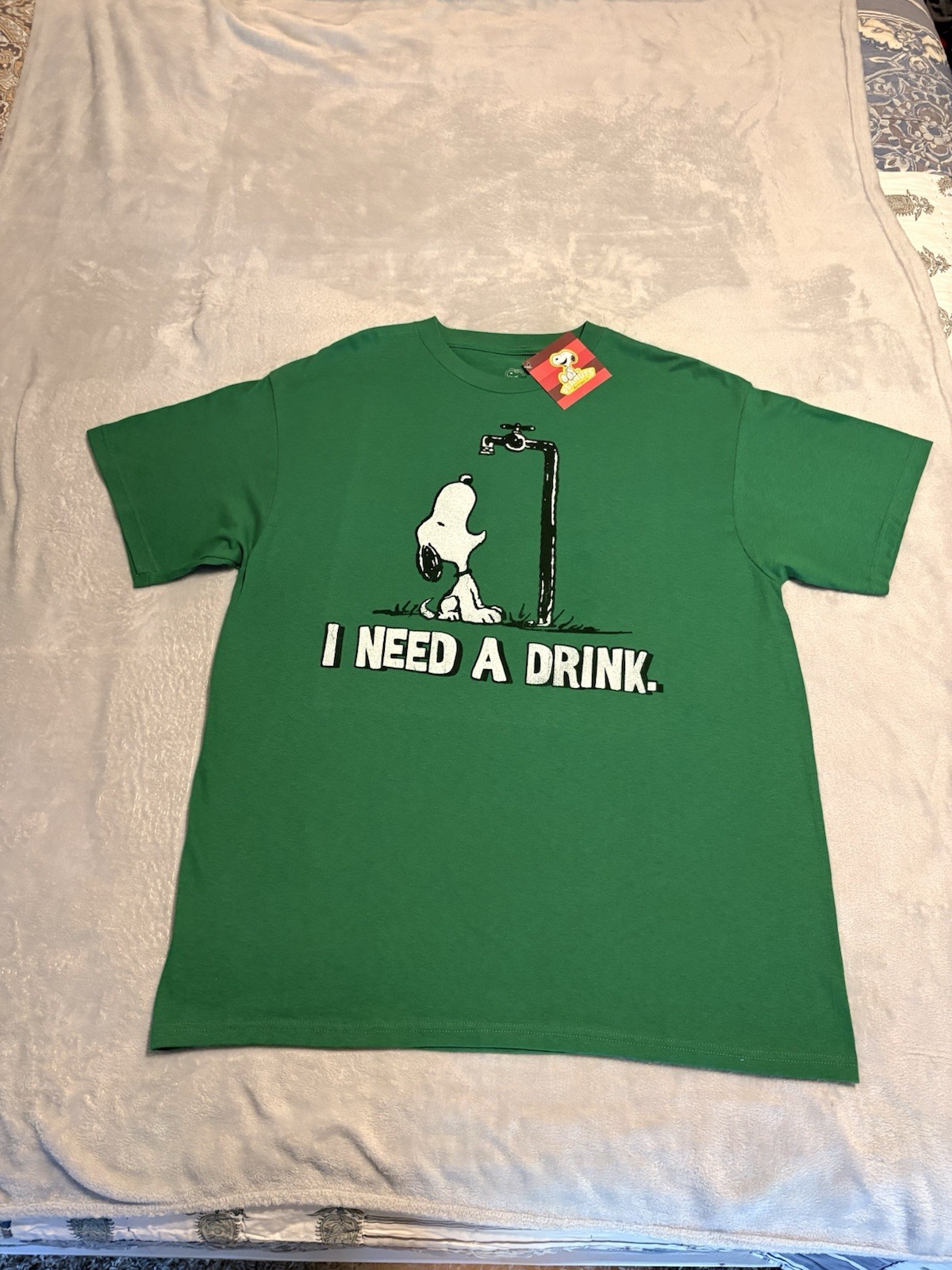 NWT Peanuts Snoopy T-shirt XL Green “I Need A Drink” Graphic Short Sleeve
