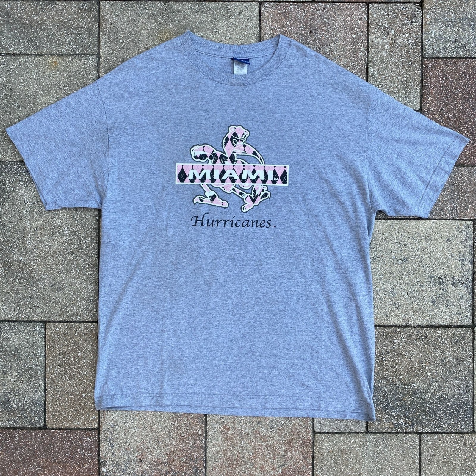 Champs Sports MIAMI HURRICANES Pink Logo Grey T Shirt Size Large Vintage Style gallery