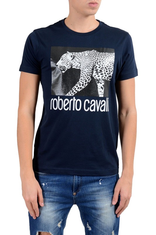 Roberto Cavalli Men’s Blue Graphic Leopard Crewneck T-Shirt Size S M L XL