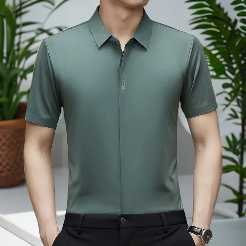 Cooling Ice Silk Men's Casual Shirt Thin Short Sleeve Business Casual Pure Color gallery