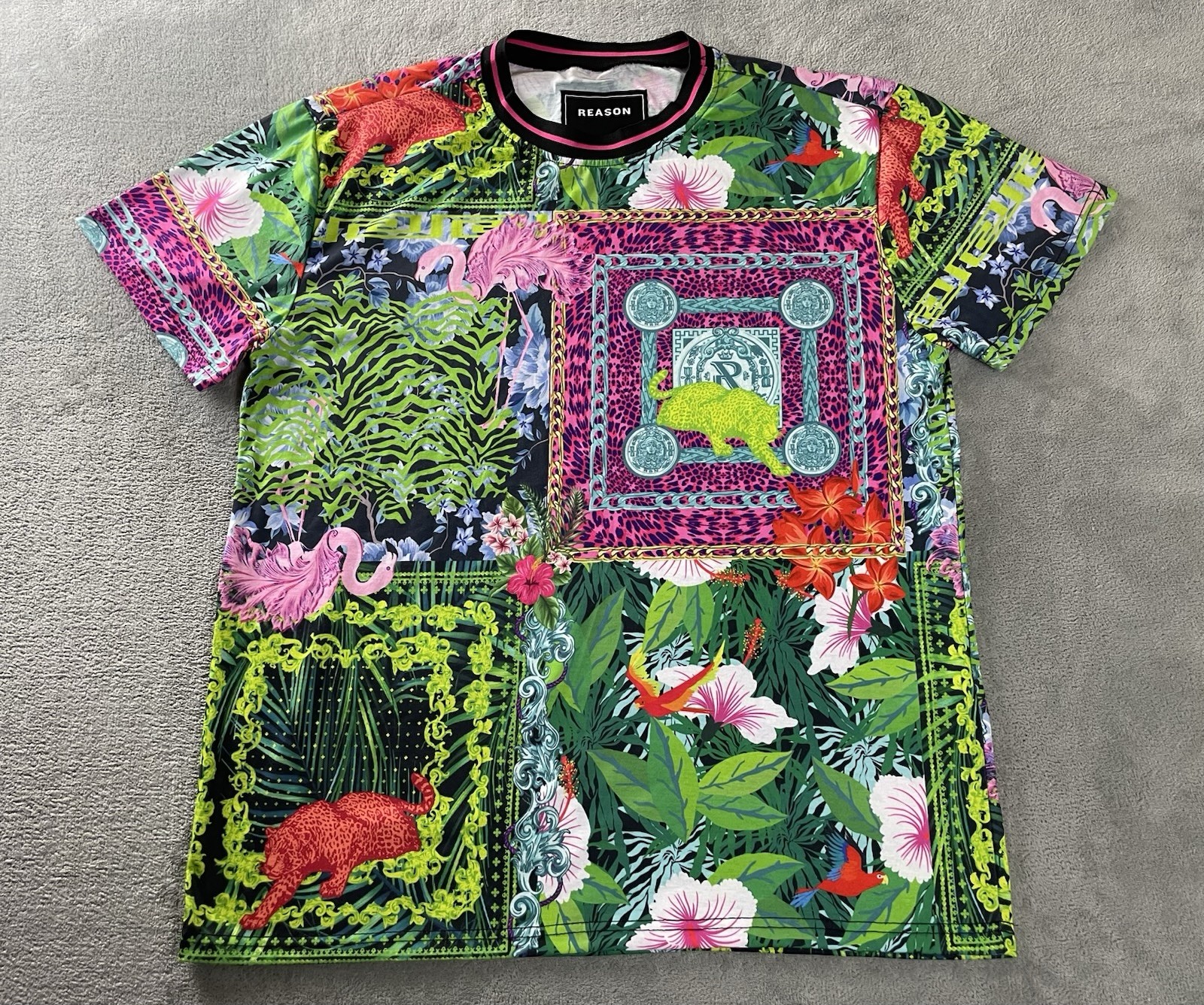 Tropical Hawaiian Vacation Floral Baroque T Shirt Men’s Large Reason Green Pink