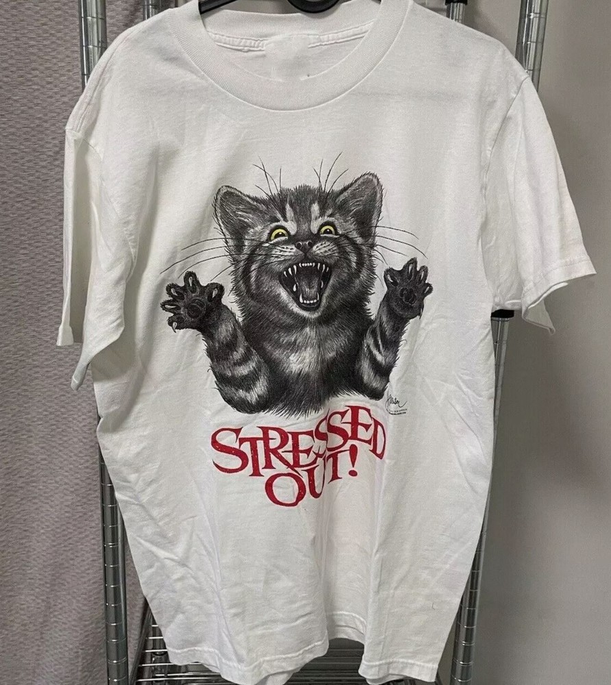 stressed out cat Tshirt White Mens Size S-45XL