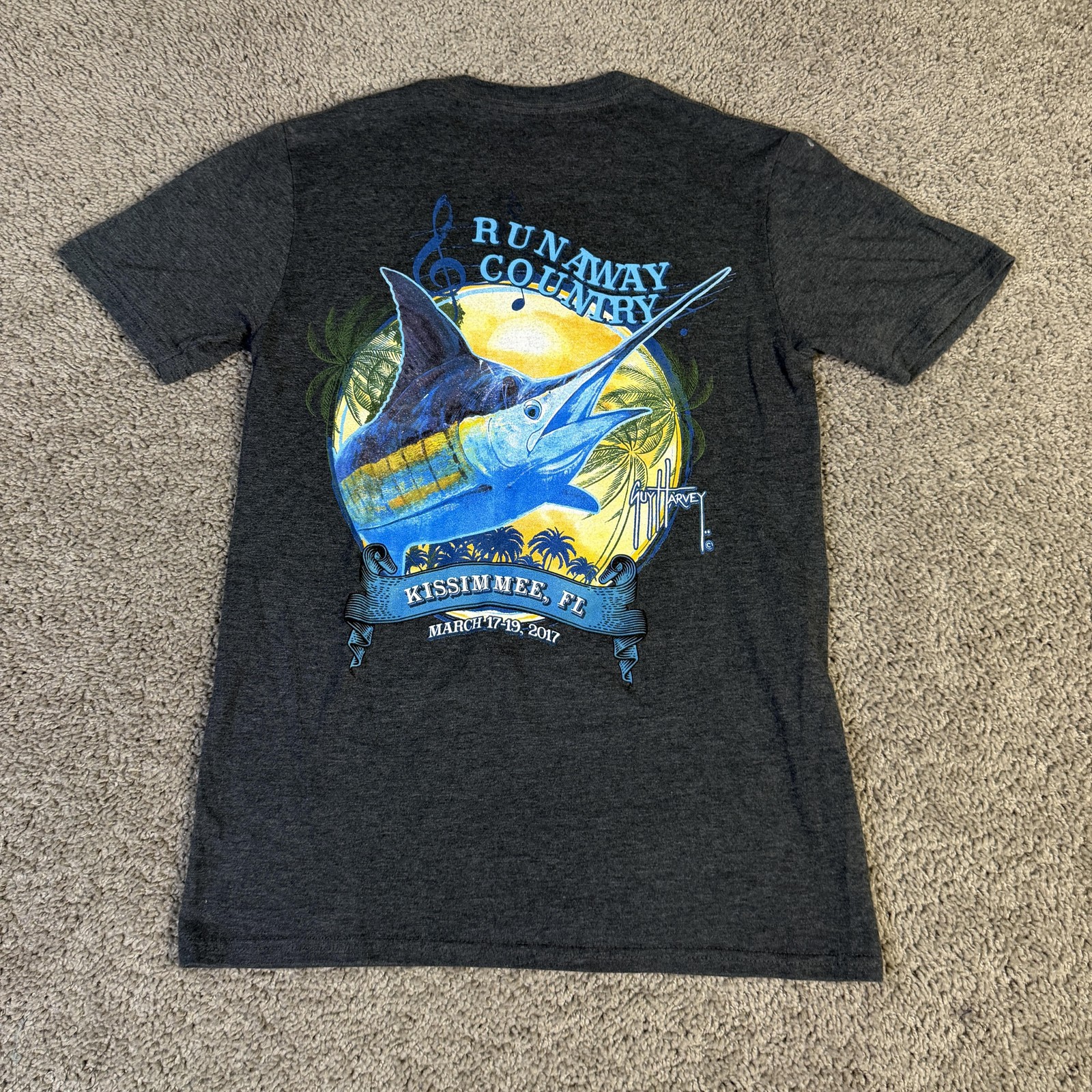 Guy Harvey Shirt Mens Small Gray Runaway Country Kissimmee FL Graphic Fish Music