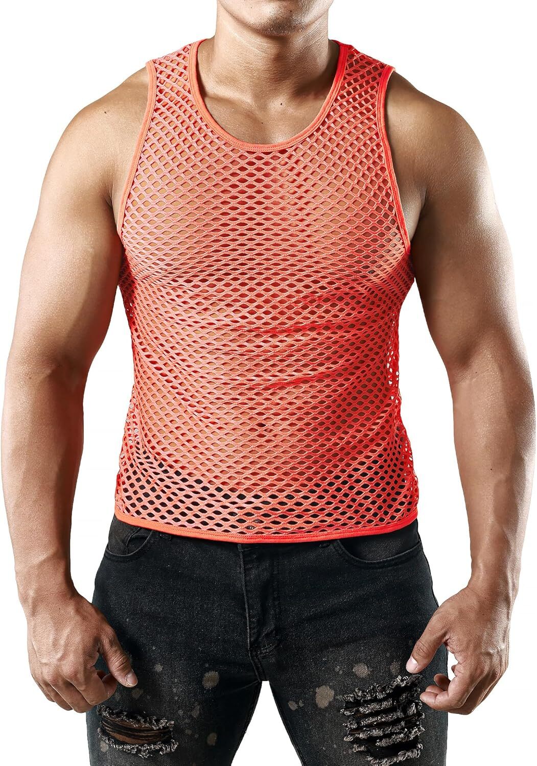 Men's Fishnet Muscle Top Sleeveless Fitted See Through Mesh Shirt Clubwear Gym gallery