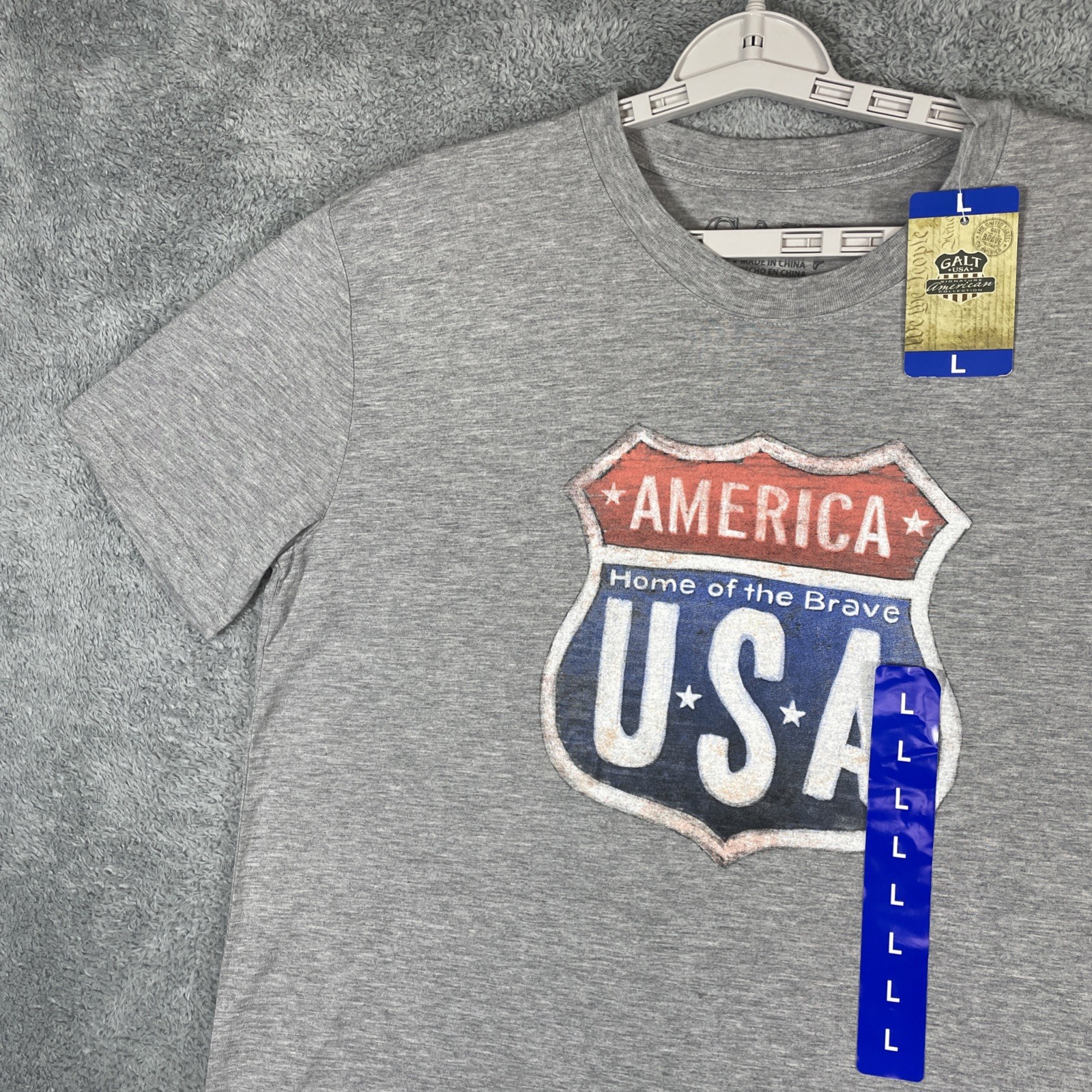 Galt T Shirt Men Large Gray American USA Home of the Brave HWY Sign NEW Patriot
