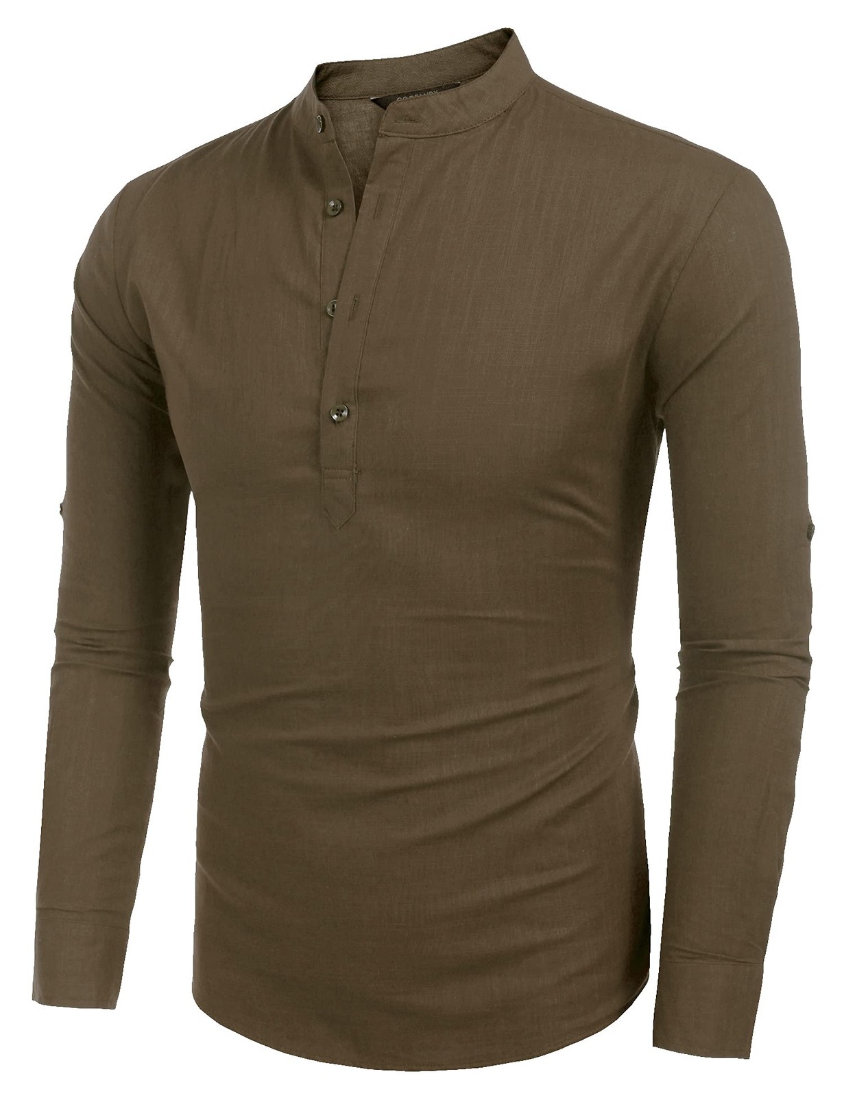 Men's Cotton Hemp Long Sleeve Casual Beach Henley Shirt(BROWN,XL) gallery