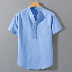 Men’s Breathable Cotton Stand Collar T-Shirt Summer Casual Loose Fit Top Outfits