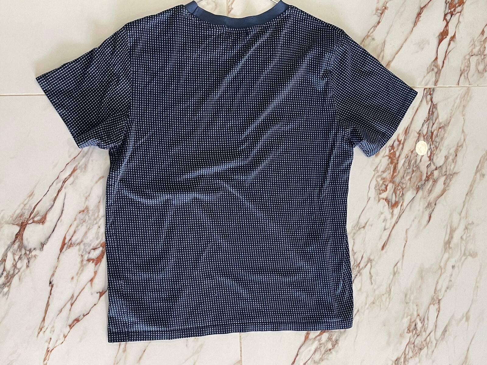 Theory Shirt Men's Medium Textured Blue Microcheck Cotton Short Sleeve Slim Fit gallery