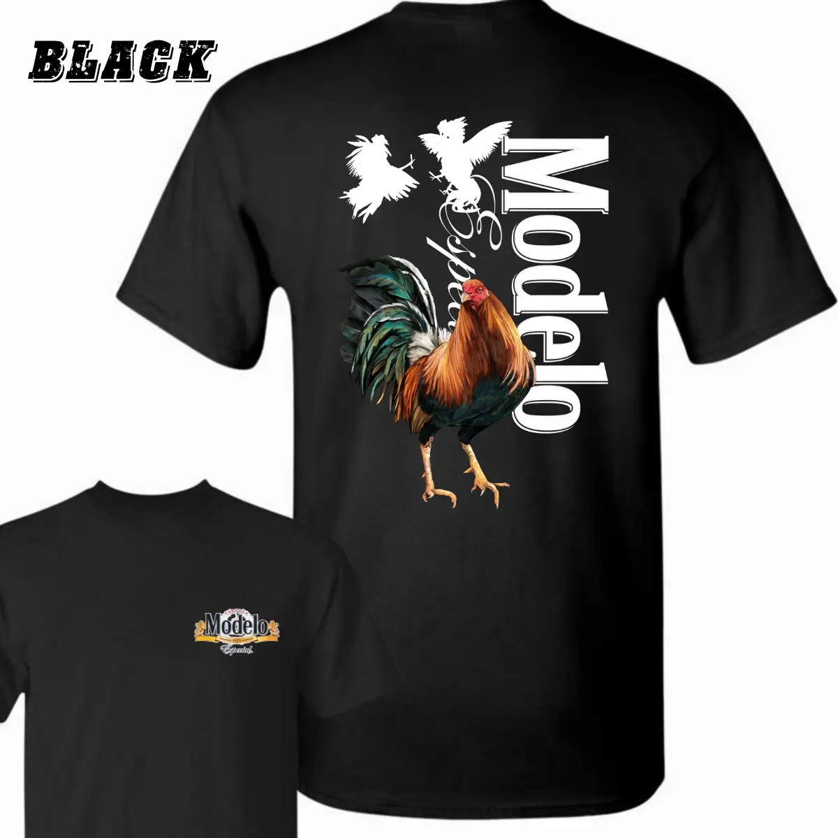 Modelo Rooster T-Shirt – Bold Rooster Graphic With Dynamic Fighting Cocks