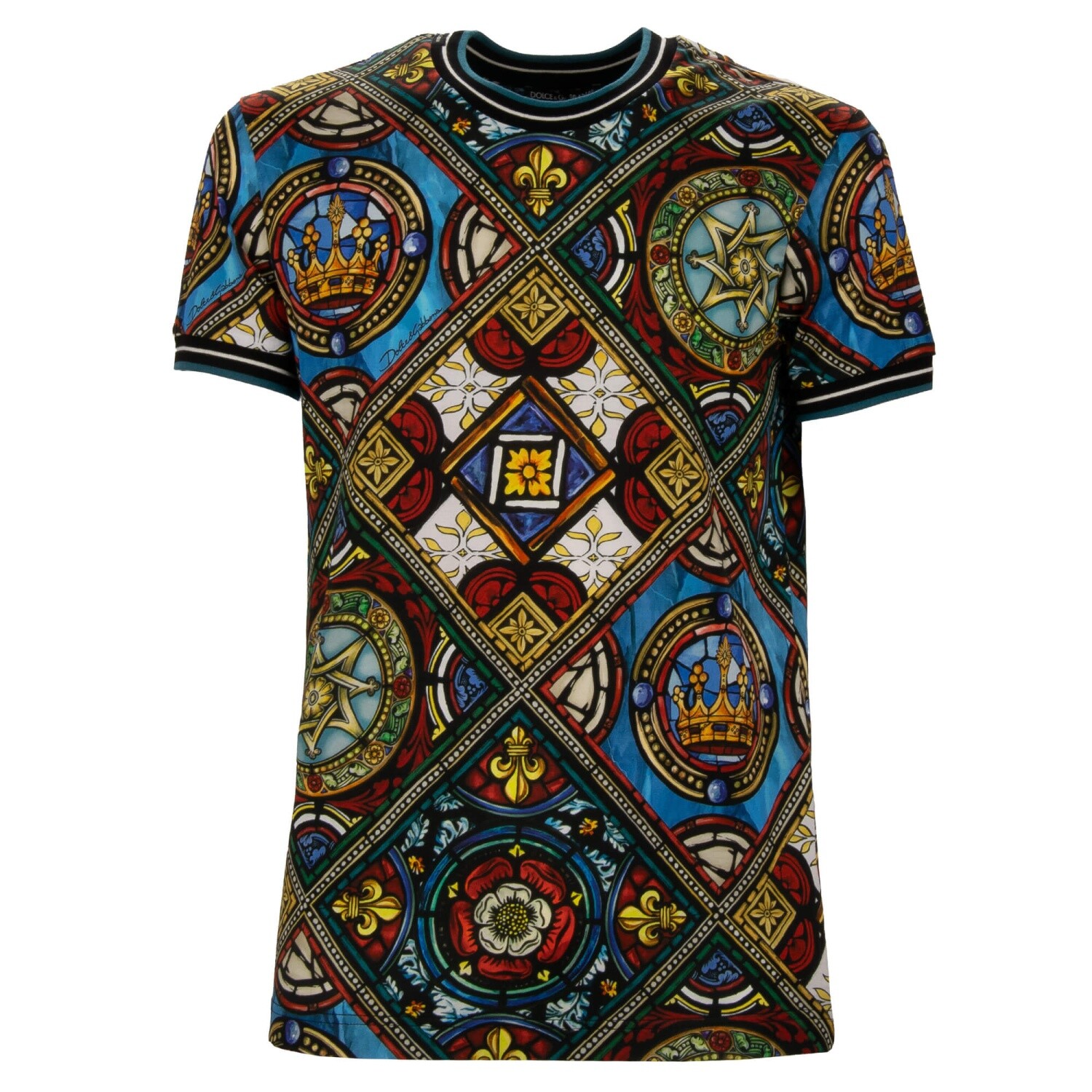 DOLCE & GABBANA Church Vitrage Crown Print Cotton T-Shirt Black Gold Blue