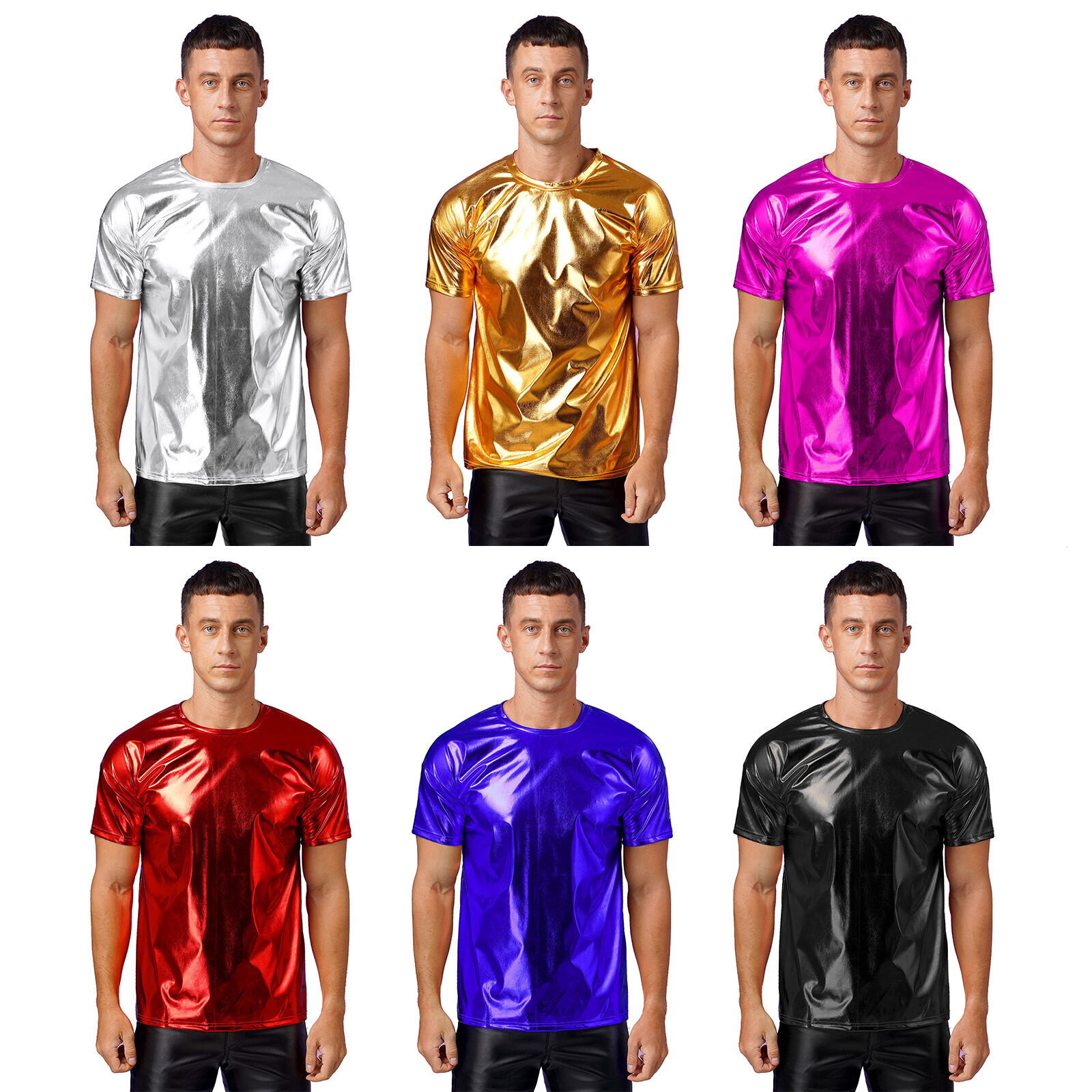 Metallic Shiny Short Sleeve Round Neck T-shirt for Club Show Performance Tops gallery