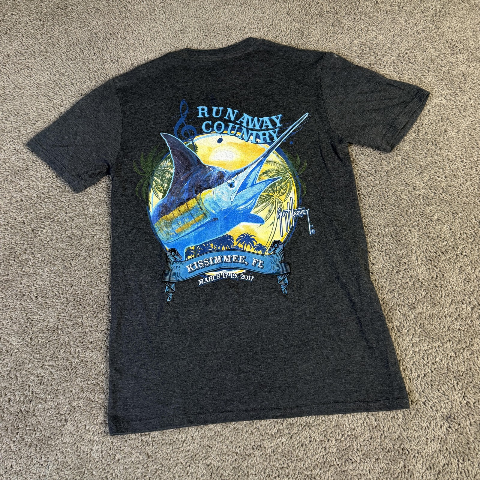 Guy Harvey Shirt Mens Small Gray Runaway Country Kissimmee FL Graphic Fish Music gallery