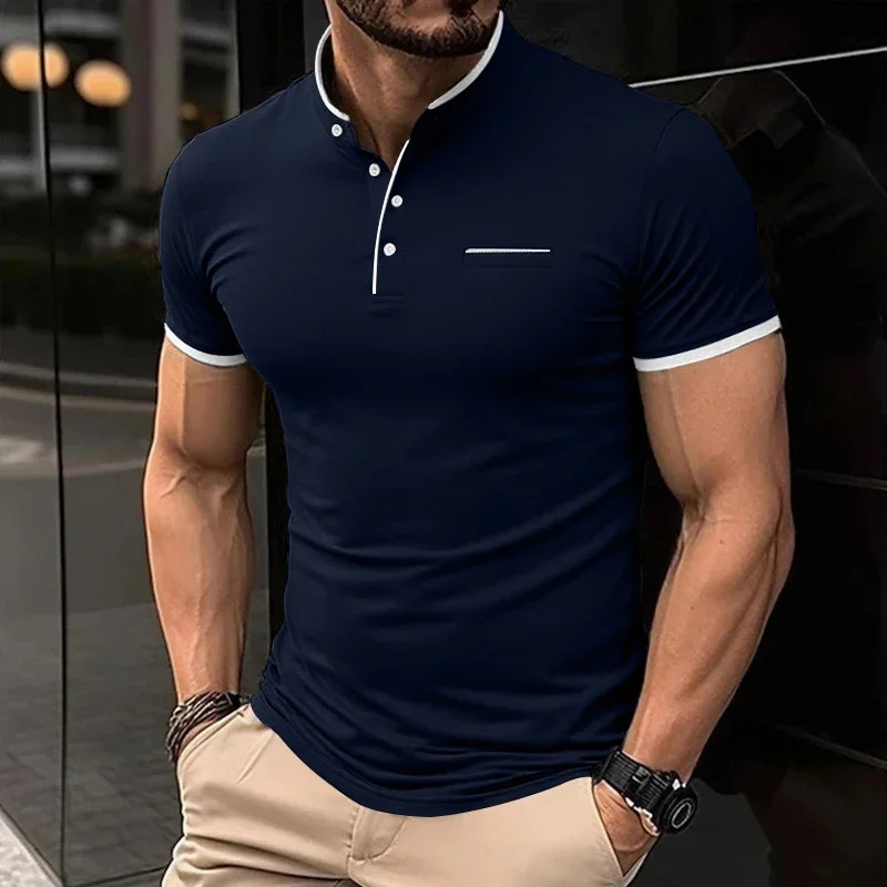 2025 New Men's Casual and Fashionable Solid Color Short Sleeved Stand Up Collar gallery