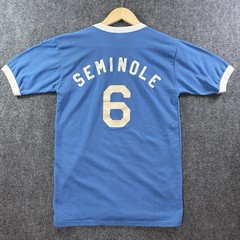 VTG 70s Nylon Mesh Flock Printed V Neck Jersey Mens M Blue Baseball Football