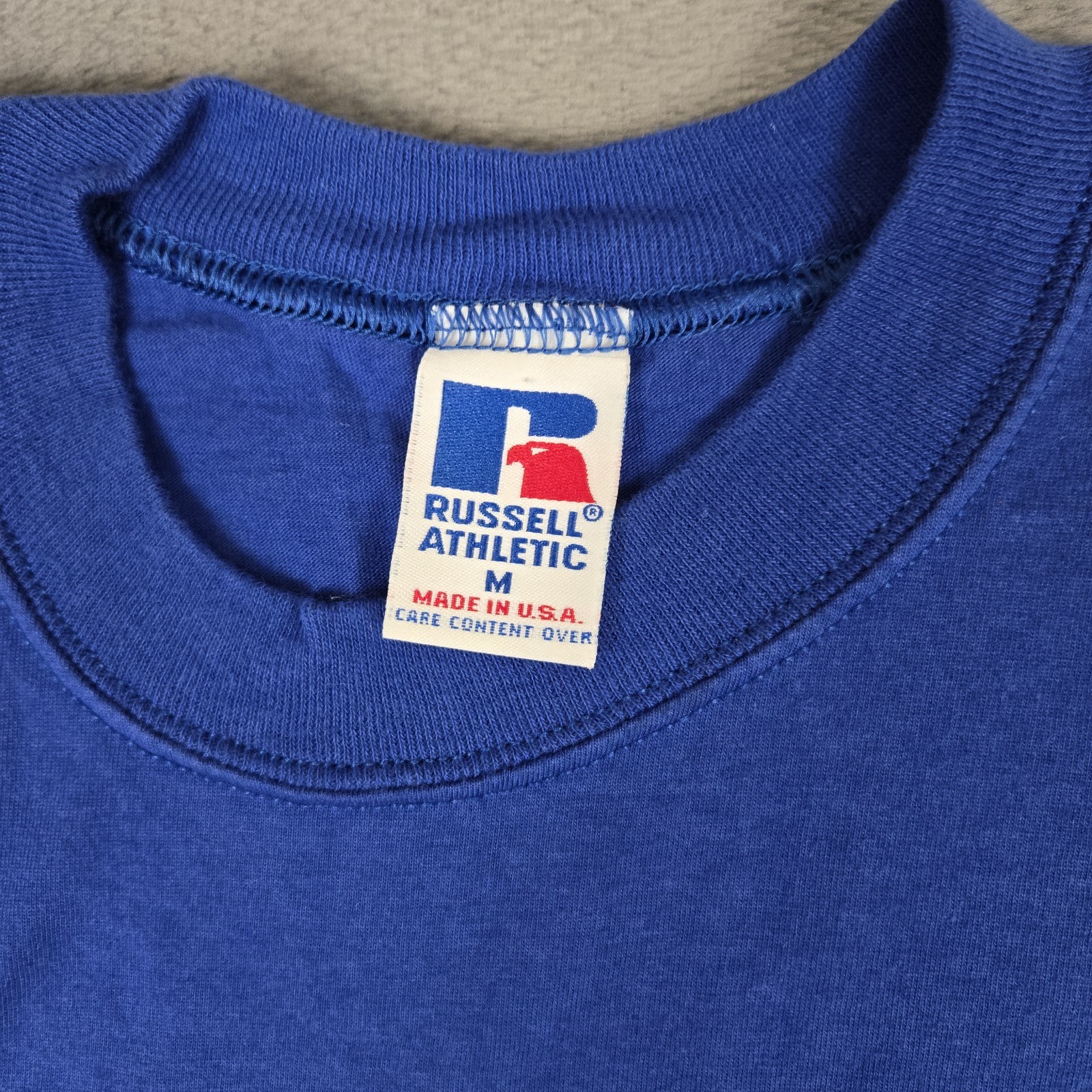 Russell Athletic High Cotton T-Shirt Mens Mediun Blue Solid Pocket USA Made Vtg gallery