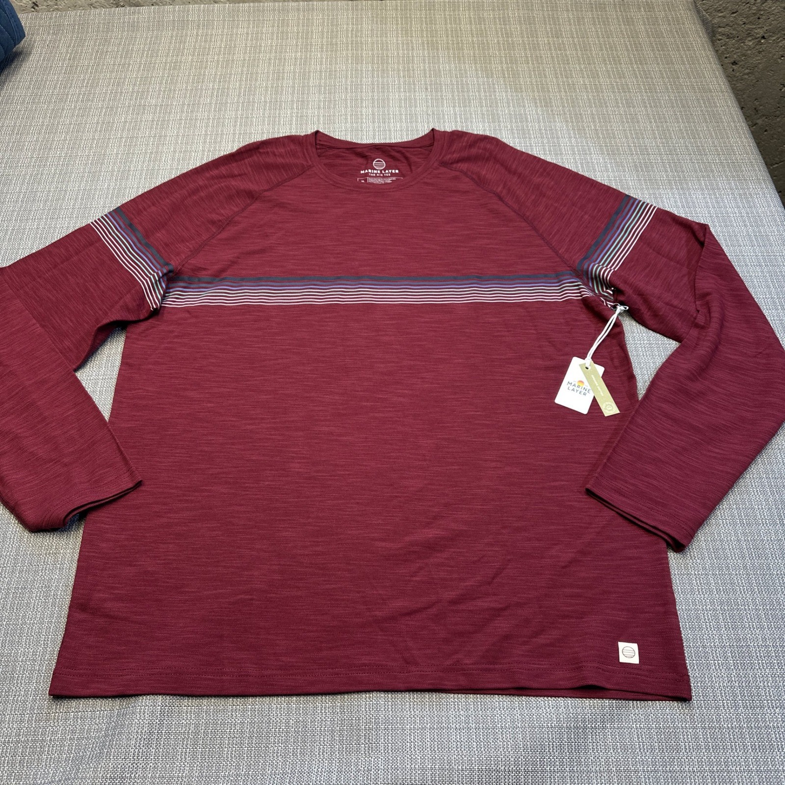 New Marine Layer Air Tee Shirt Mens XL Archive Midweight Crew Burgundy Striped gallery