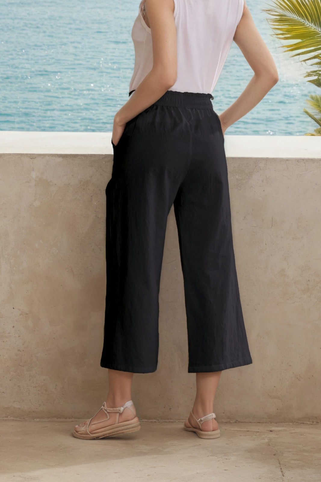 LNX Womens Linen Capri Pants Wide Leg High Waisted Drawstring Casual Cropped ... gallery