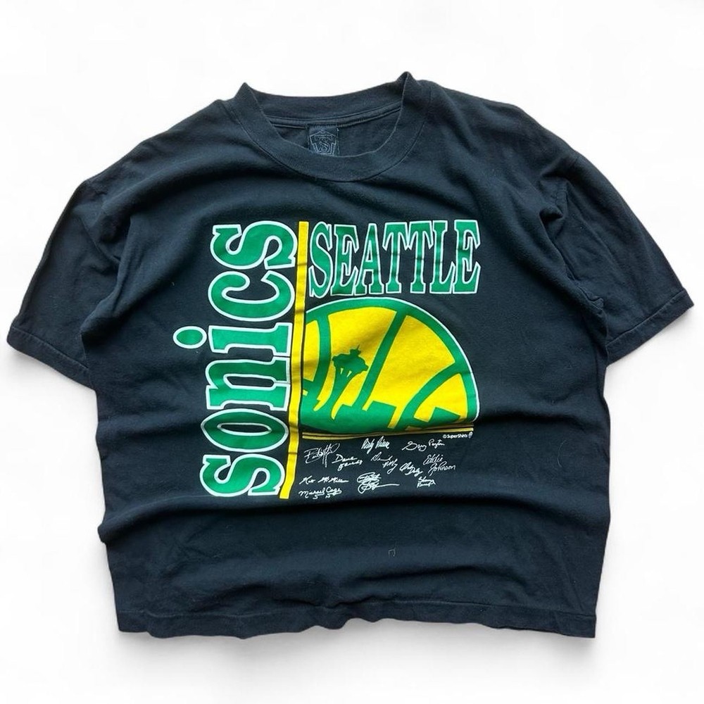 90s vtg Seattle SuperSonics NBA Graphic Tee single-stitch black tee XL