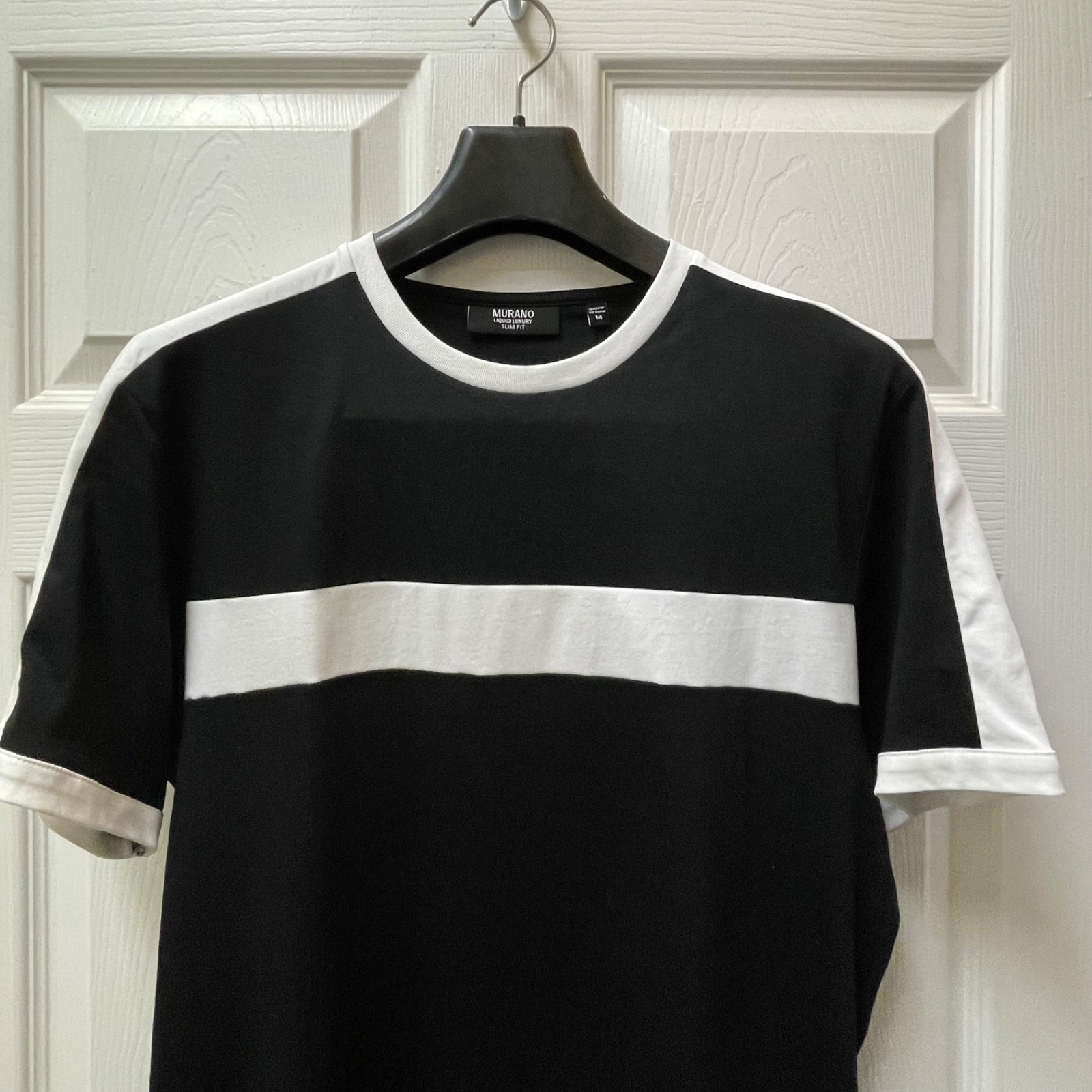 Murano Liquid Luxury Men's Medium Black White Stripe Ringer Slim Fit T-Shirt gallery