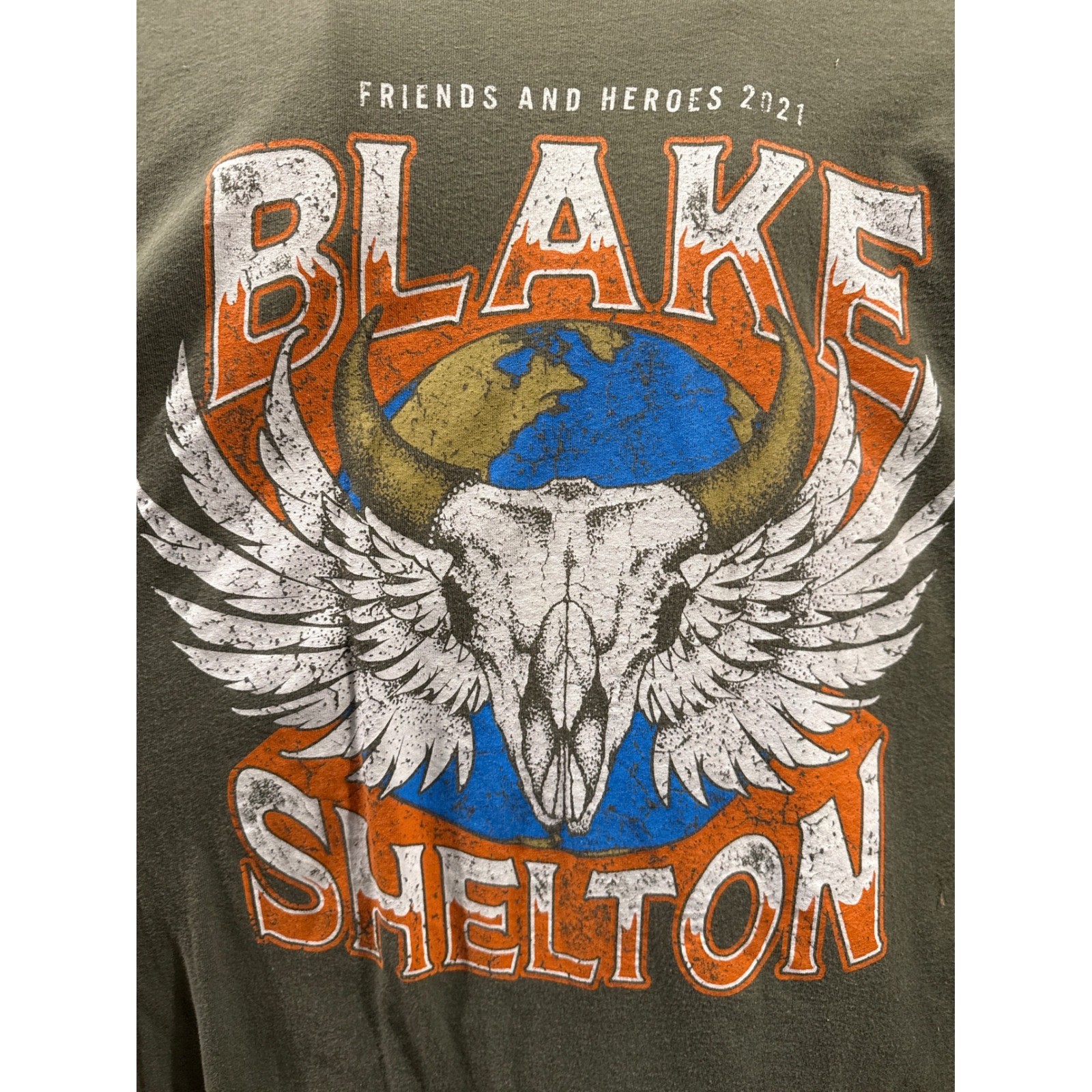 Blake Shelton Friends and Heroes 2021 Tour Shirt Mens XL Olive Green Graphic Tee gallery