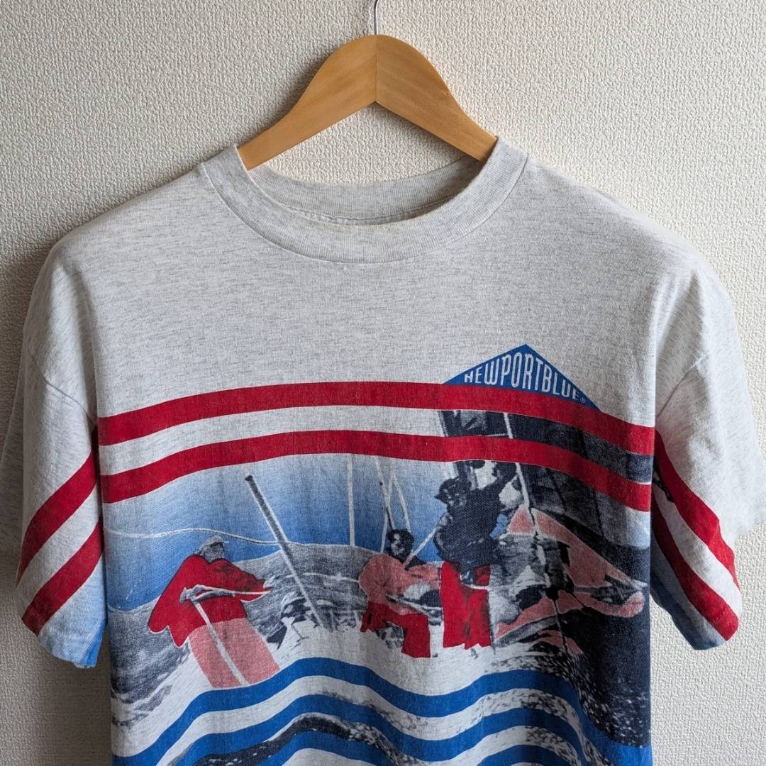 Vtg 90s Newport Blue Sailing Art T Shirt L Made in USA Single Stitch Sleeve Boxy gallery