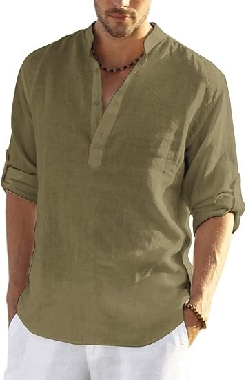 COOFANDY Men’s Cotton Linen Henley T-Shirt Long Sleeve Hippie Casual Beach green