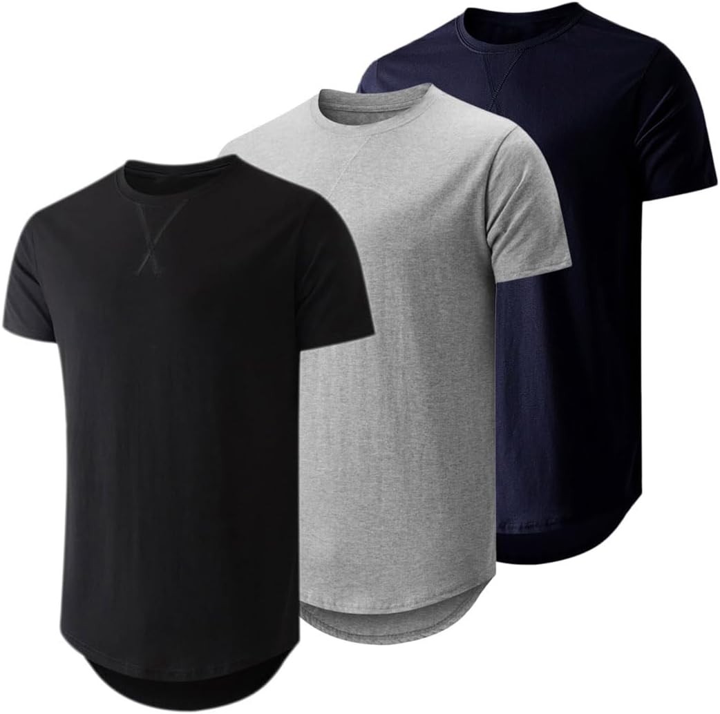 Mens 3 Pack Cotton Longline Crewneck T-Shirts Casual Hipster Fit Tee Set gallery